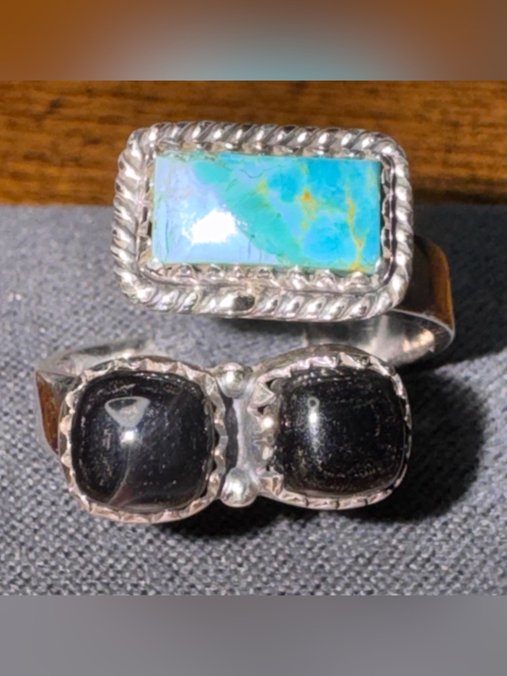 Sterling Silver Double-Top Ring with Sierra Nevada Turquoise and Black Onyx